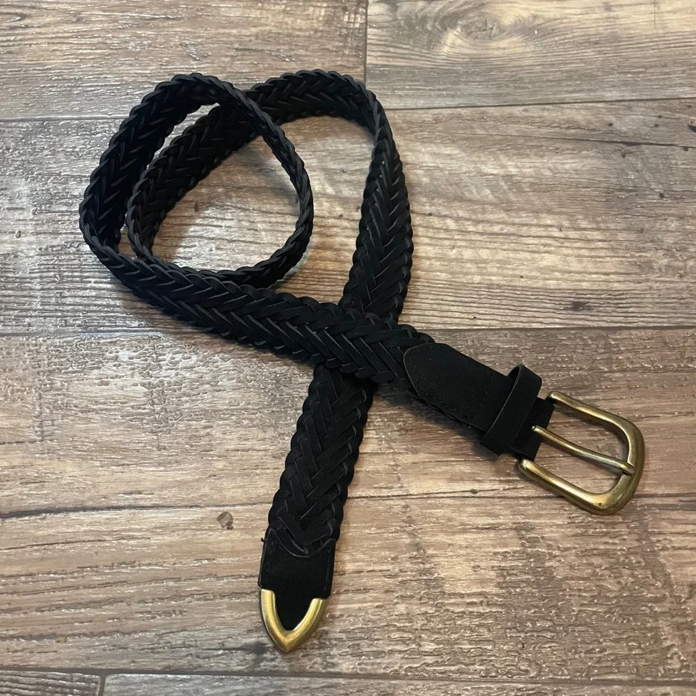 Black Faux Leather Braided Woven Belt Brass-tone Buckle Metal Tip 40 Inch Length